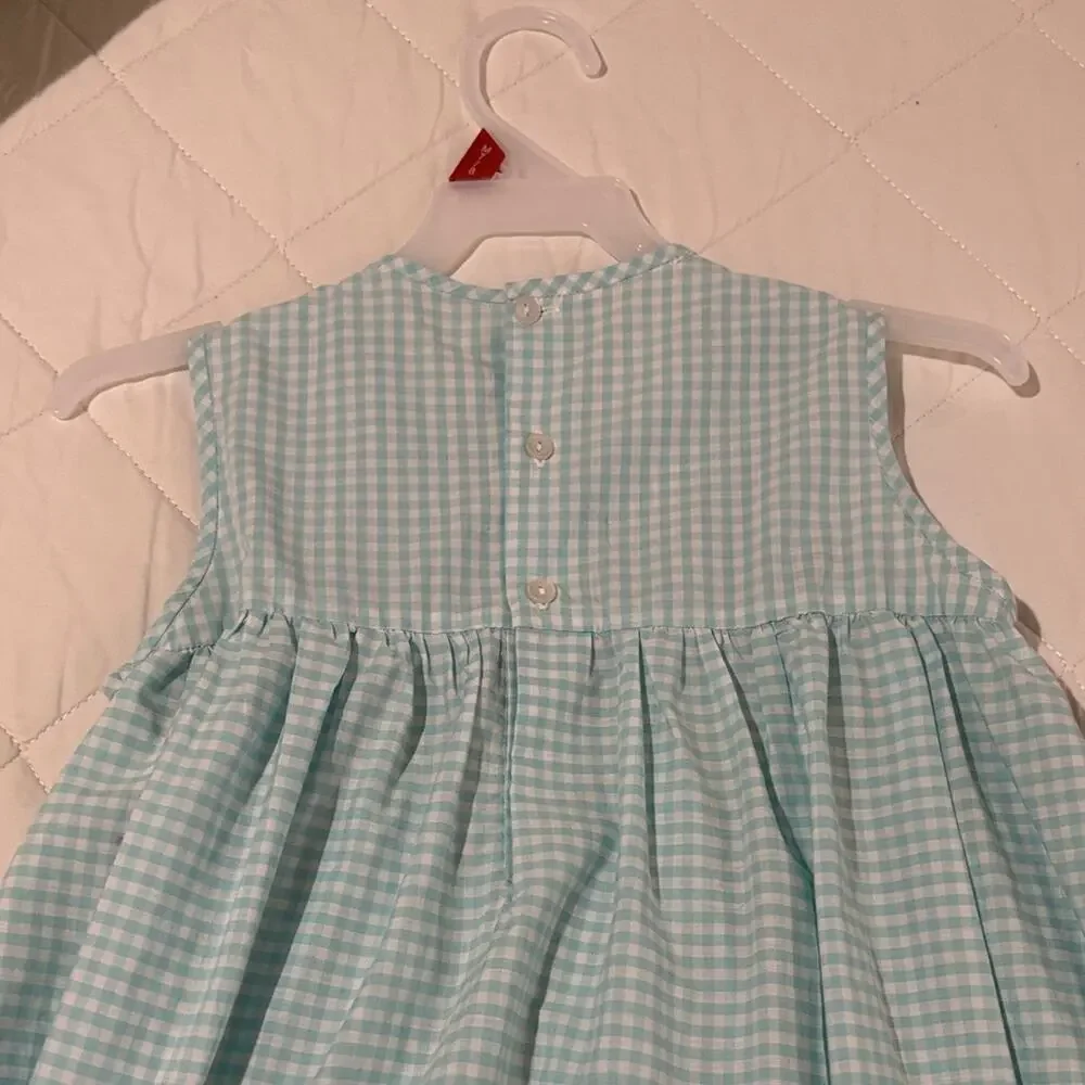 Orient express 7 Blue Gingham Sleeveless Dress smocking with daisies very long